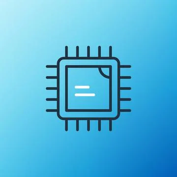 Line Computer processor with microcircuits CPU icon isolated on blue background 스톡 일러스트