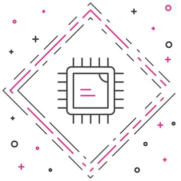 Line Computer processor with microcircuits CPU icon isolated on white background Illustrazione stock