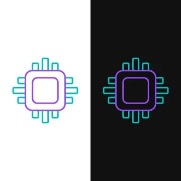 Line Computer processor with microcircuits CPU icon isolated on white and black 스톡 일러스트