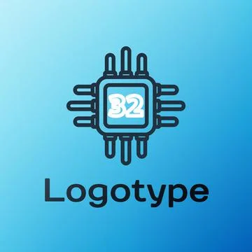 Line Computer processor with microcircuits CPU icon isolated on blue background Stock Illustration