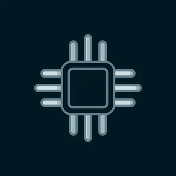 Line Computer processor with microcircuits CPU icon isolated on black backg.. Illustrazione stock