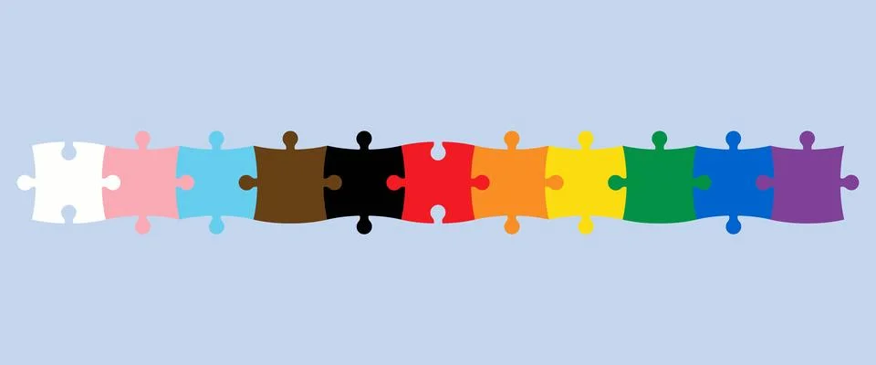 Line of connected to each other puzzles representing LGBTQ+ pride flag. Stock Illustration