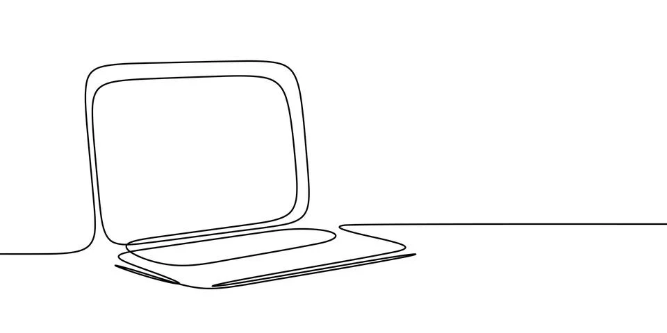 Line continuous laptop art computer screen office work pc outline illustration Stock Illustration