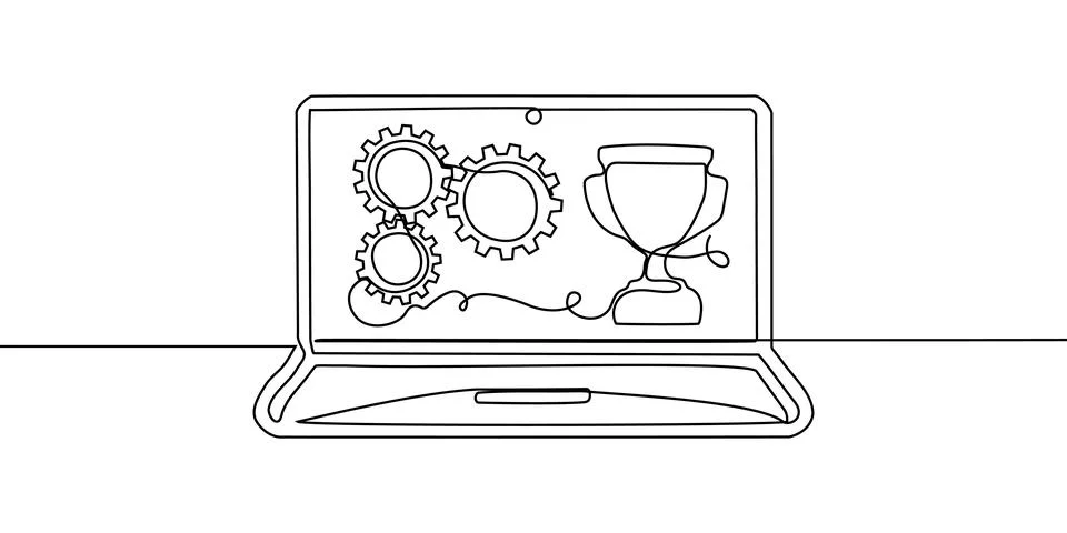 Line continuous laptop office computer screen work art pc outline illustration Illustrazione stock