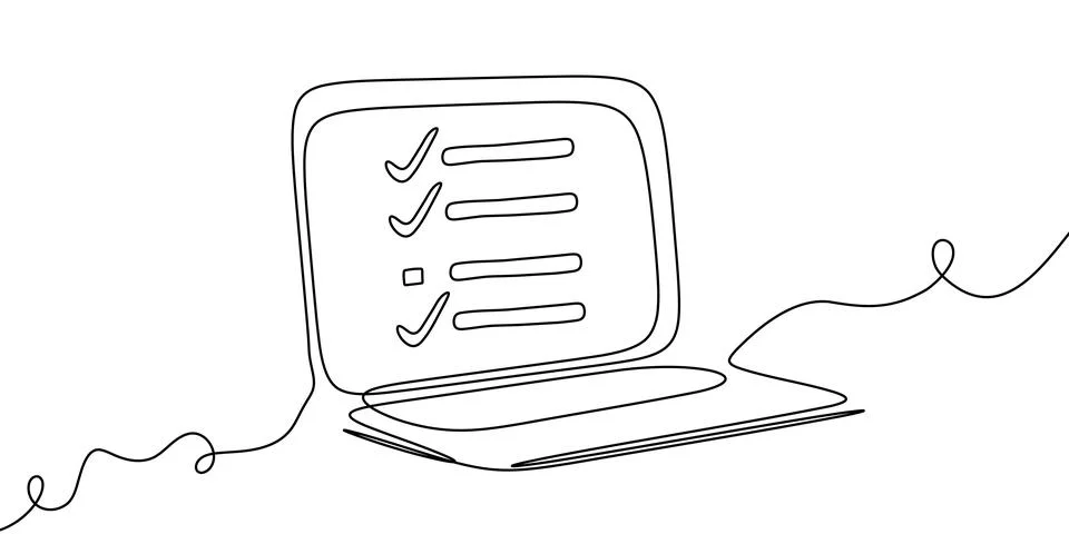 Line continuous laptop screen computer office work art pc outline illustration Stock Illustration