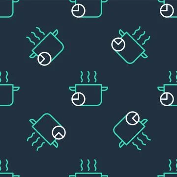 Line Cooking pot and kitchen timer icon isolated seamless pattern on black .. Illustrazione stock