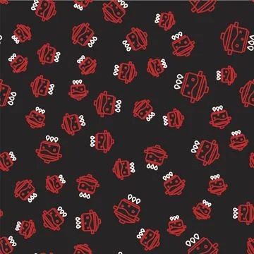 Line Cooking pot on fire icon isolated seamless pattern on black background 库存插图