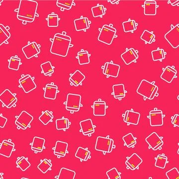 Line Cooking pot icon isolated seamless pattern on red background. Boil or .. Stock Illustration