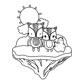 Line couple fox animal in the float island Ilustración de archivo