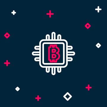 Line CPU mining farm icon isolated on blue background. Bitcoin sign inside Illustrazione stock