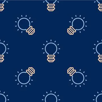 Line Creative lamp light idea icon isolated seamless pattern on blue background Illustrazione stock