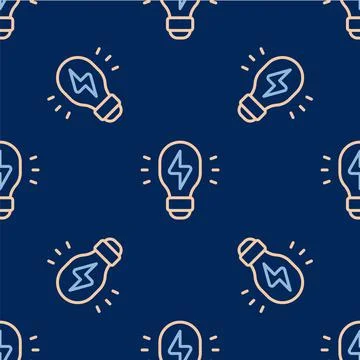Line Creative lamp light idea icon isolated seamless pattern on blue backgrou Illustrazione stock