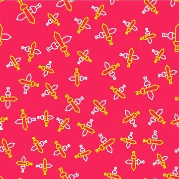 Line Crossed medieval sword icon isolated seamless pattern on red backgroun.. Stock Illustration