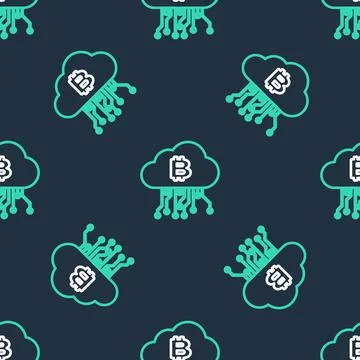 Line Cryptocurrency cloud mining icon isolated seamless pattern on black Stock Illustration