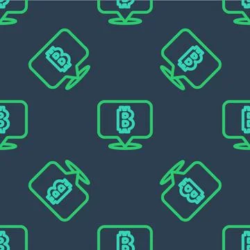 Line Cryptocurrency coin Bitcoin icon isolated seamless pattern on blue Stock Illustration