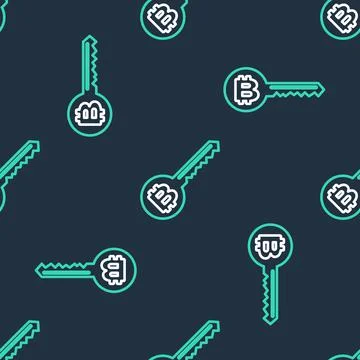 Line Cryptocurrency key icon isolated seamless pattern on black background Stock Illustration