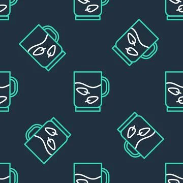 Line Cup of tea and leaf icon isolated seamless pattern on black background.. Illustrazione stock