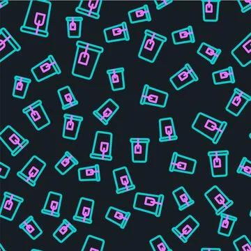 Line Cup with tea bag icon isolated seamless pattern on black background. Vector Stock Illustration