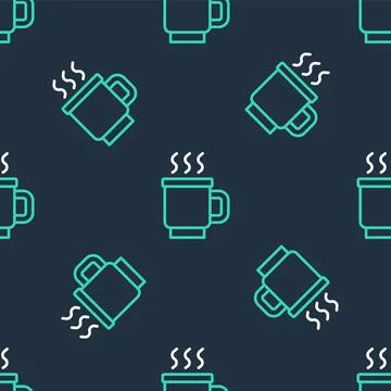 Line Cup of tea icon isolated seamless pattern on black background. Vector Stock Illustration