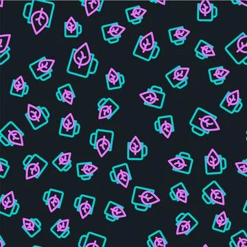 Line Cup of tea with leaf icon isolated seamless pattern on black background Illustrazione stock