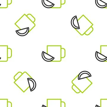 Line Cup of tea with lemon icon isolated seamless pattern on white background Stock Illustration