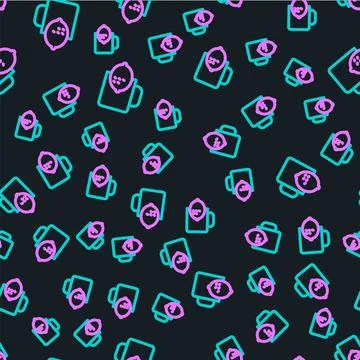 Line Cup of tea with lemon icon isolated seamless pattern on black background Stock Illustration