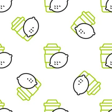 Line Cup of tea with lemon icon isolated seamless pattern on white background Stock Illustration