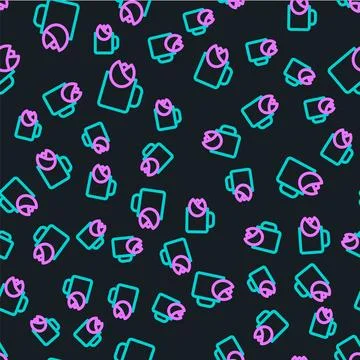 Line Cup of tea with rose icon isolated seamless pattern on black background. Stock Illustration