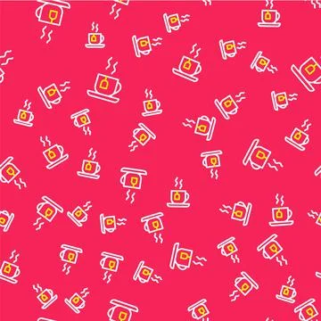 Line Cup of tea with tea bag icon isolated seamless pattern on red background イラスト素材