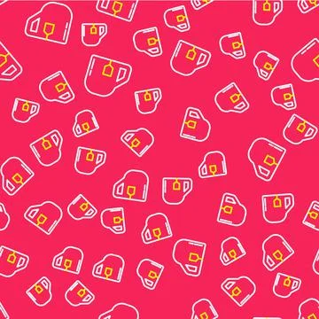 Line Cup of tea with tea bag icon isolated seamless pattern on red background Stock Illustration