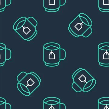 Line Cup of tea with tea bag icon isolated seamless pattern on black background Stock Illustration