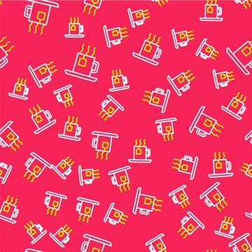 Line Cup of tea with tea bag icon isolated seamless pattern on red background イラスト素材
