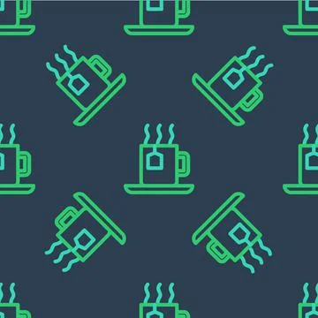 Line Cup of tea with tea bag icon isolated seamless pattern on blue background イラスト素材