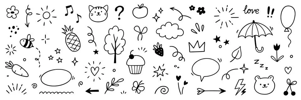 Line cute element set. Hand drawn scribble heart, arrow, flower and star Stock Illustration