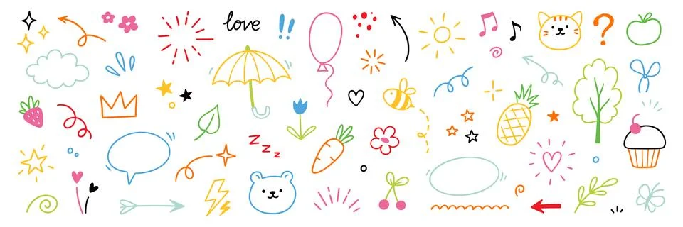 Line cute element set. Hand drawn scribble heart, arrow, flower and cloud Stock Illustration