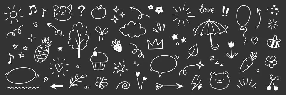 Line cute element set. Hand drawn scribble heart, arrow, flower and cloud Stock Illustration