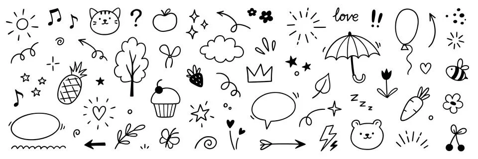 Line cute element set. Hand drawn scribble heart, arrow, flower and star Stock Illustration