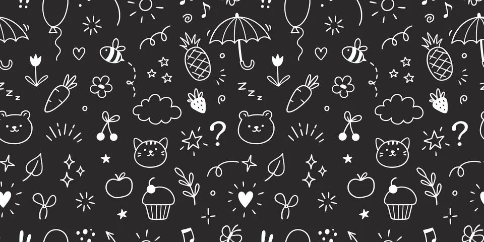 Line cute kid icon pattern. Hand drawn cute children style animal face, flower Stock Illustration