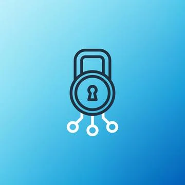 Line Cyber security icon isolated on blue background. Closed padlock on digital Stock Illustration