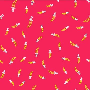 Line Dagger icon isolated seamless pattern on red background. Knife icon. Sword Stock Illustration