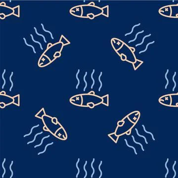Line Dead fish icon isolated seamless pattern on blue background. Rotten fish Illustrazione stock