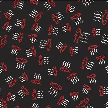 Line Dead fish icon isolated seamless pattern on black background. Rotten fish Stockillustratie