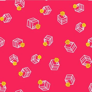Line Delivery security with shield icon isolated seamless pattern on red 스톡 일러스트