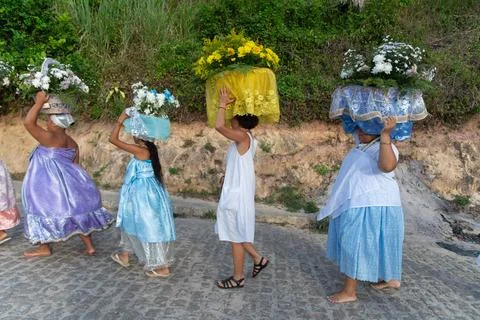 Line of devotees with offerings in Amoreiras Stock Photos