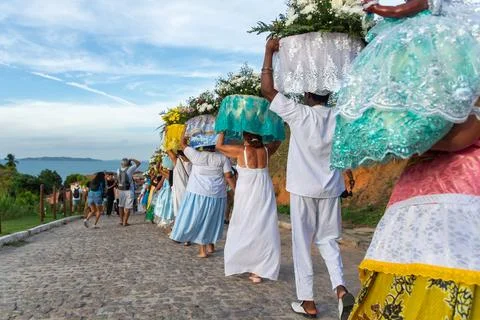 Line of devotees with offerings in Amoreiras Stock Photos