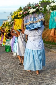 Line of devotees with offerings in Amoreiras Stock Photos