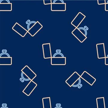 Line Diamond engagement ring in a box icon isolated seamless pattern on blue Illustrazione stock