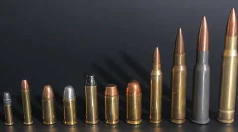 Line up of different caliber ammo, ammunition display Stock Footage 46944601