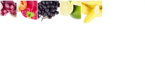 Line from different colored vegetables and fruits, isolated on the white Stock Footage 125183618