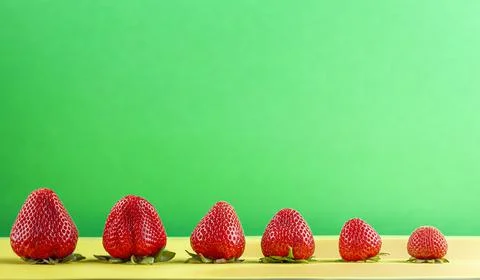 A line up of different sizes of ripe fresh strawberies on yellow and green ba Stock Photos